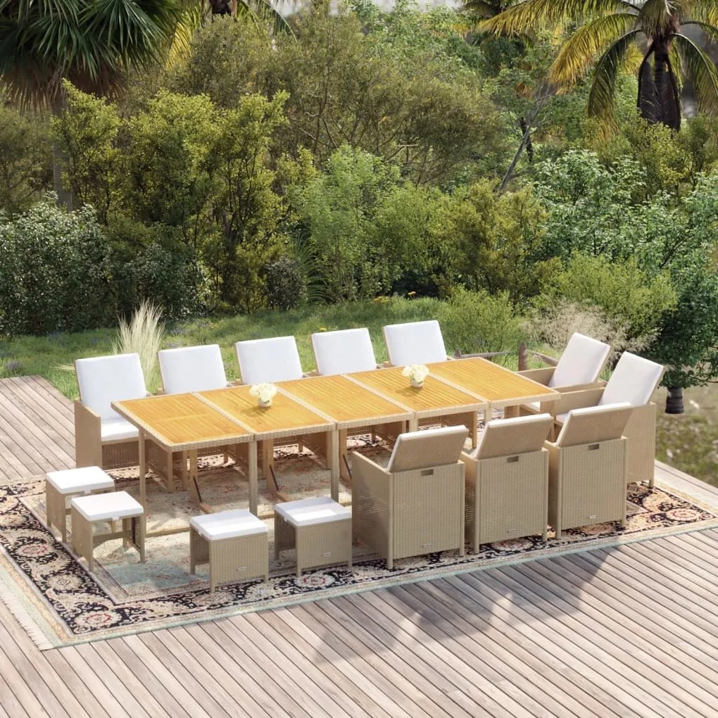 vidaXL 15 pcs conjunto jantar p/ jardim c/ almofadões vime PE bege