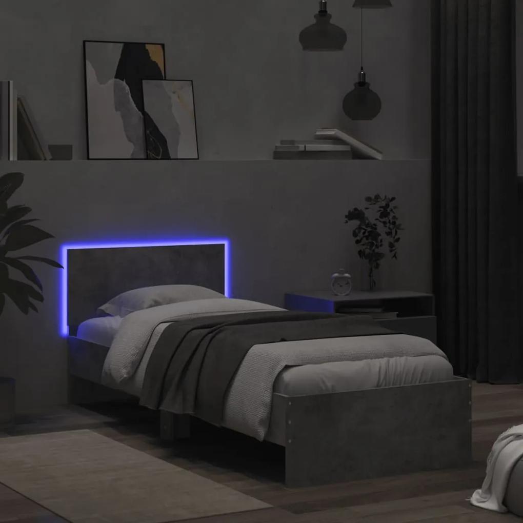 Estrutura de cama c/ cabeceira/luzes LED 75x190cm cinza cimento