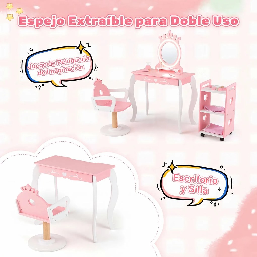 Conjunto de Toucador Infantil com Cadeira e Carrinho Auxiliar, 63 x 35 x 98 cm, Espelho com Iluminação LED de Três Tons, Rosa