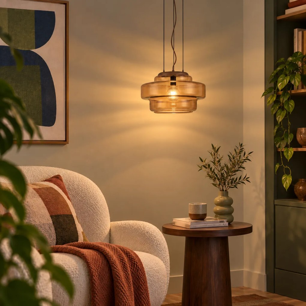 Candeeiro Suspenso Retro Bronze Escuro com Vidro Âmbar - Barb