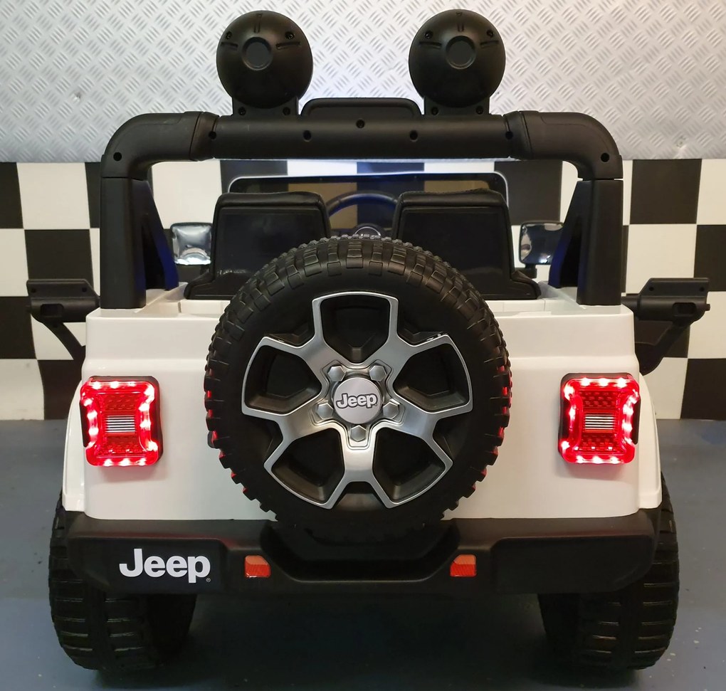 Jeep Wrangler bateria carro infantil 12V 4x4 controlo remoto, Pneus Borracha, Assento em pele sintetica branco