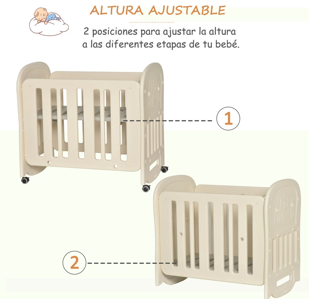 HOMCOM Berço para bebê 0-3 anos, berço ajustável em 2 alturas 2 a 25 kg conversível em cadeira de balanço com 4 rodas e freios 107x70x100 cm bege
