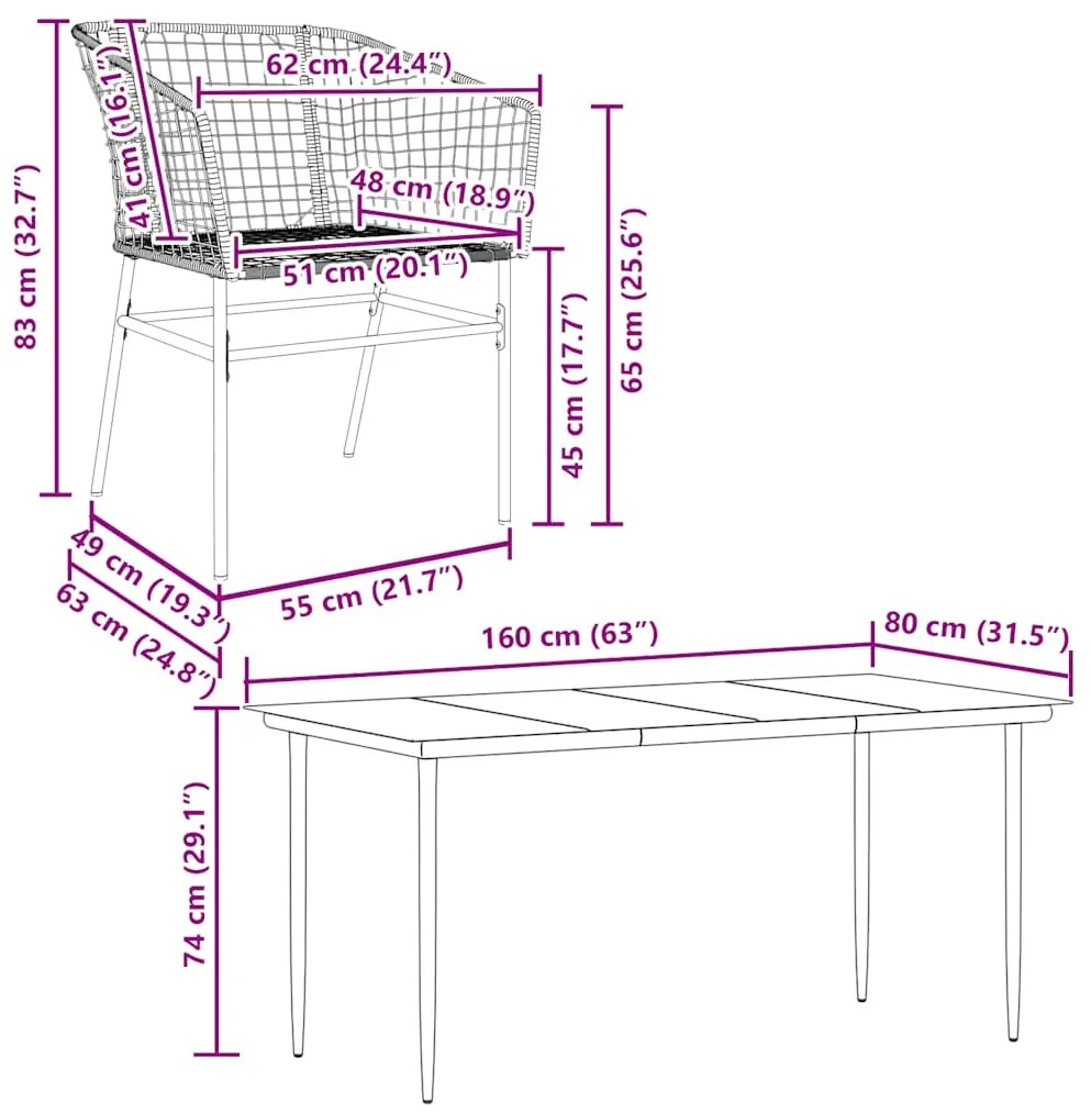 Conjunto de jantar jardim 7 peças vidro vime PE preto