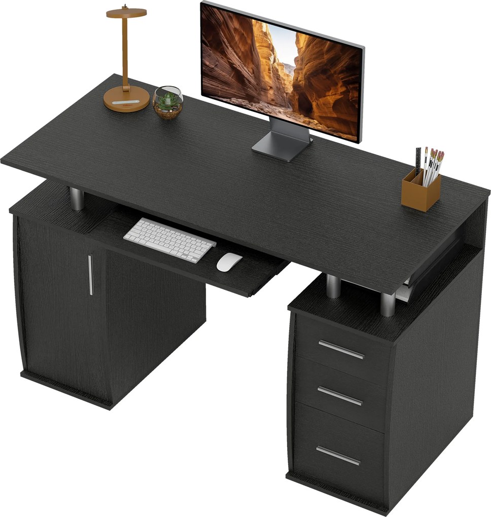 Secretária de Computador, 120 x 55 x 75 cm, 3 Gavetas, Preta