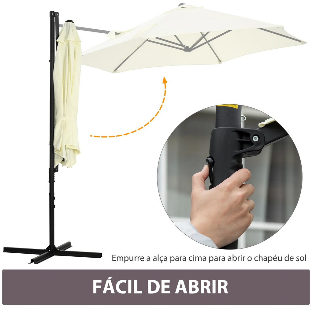 Outsunny Chapéu de Sol de Jardim Ø256x245cm Chapéu de Sol Excêntrico Rotação 360° com Abertura Manual e Base Cruzada para Pátio Varanda Exterior Bege