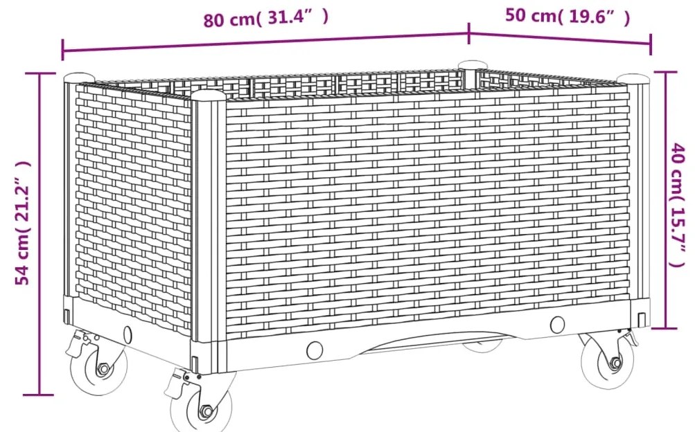 Vaso/floreira de jardim com rodas 80x50x54 cm PP castanho