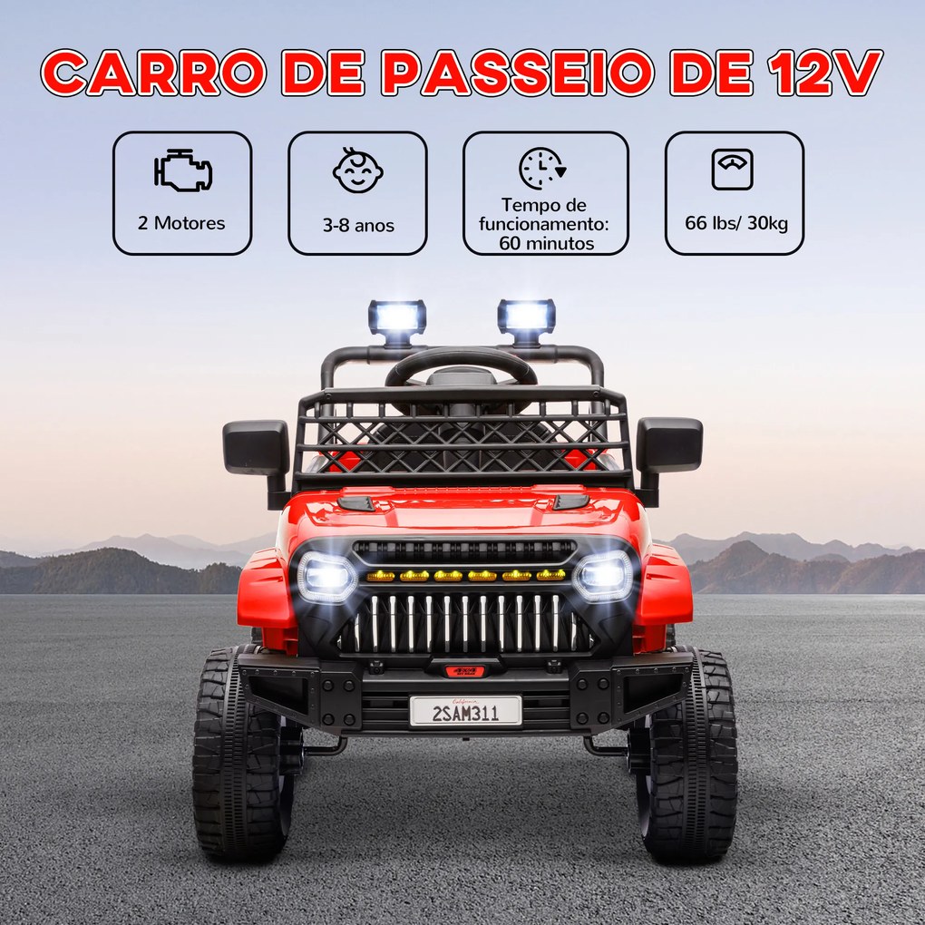 Carro Elétrico para Crianças Carro Elétrico Infantil UTV 12V com Velocidade Ajustável USB e Faróis  95x62,5x65 cm Vermelho