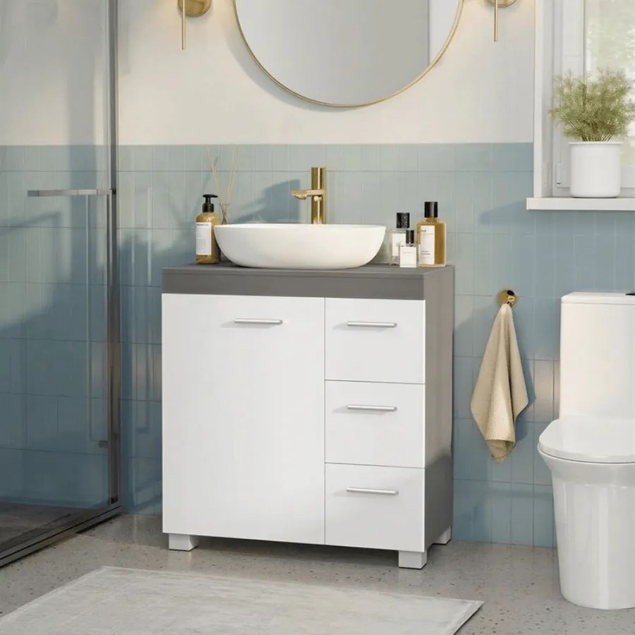 Armário para lavatório (NÃO INCLUIDO) 30 x 60 x 64 cm com 3 gavetas grandes e pés em branco e cinzento-cimento