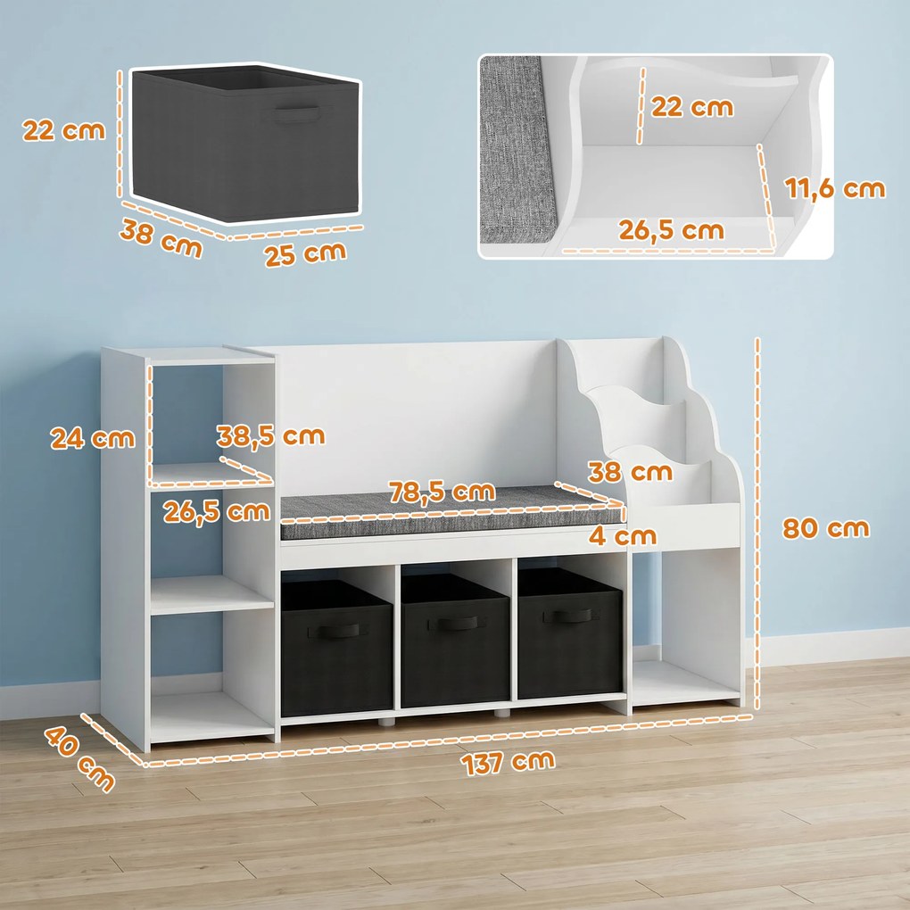 Estante Infantil para Brinquedos com Canto de Leitura Almofada 3 Gavetas de Tecido 3 Prateleiras 4 Compartimentos 137x40x80 cm Branco