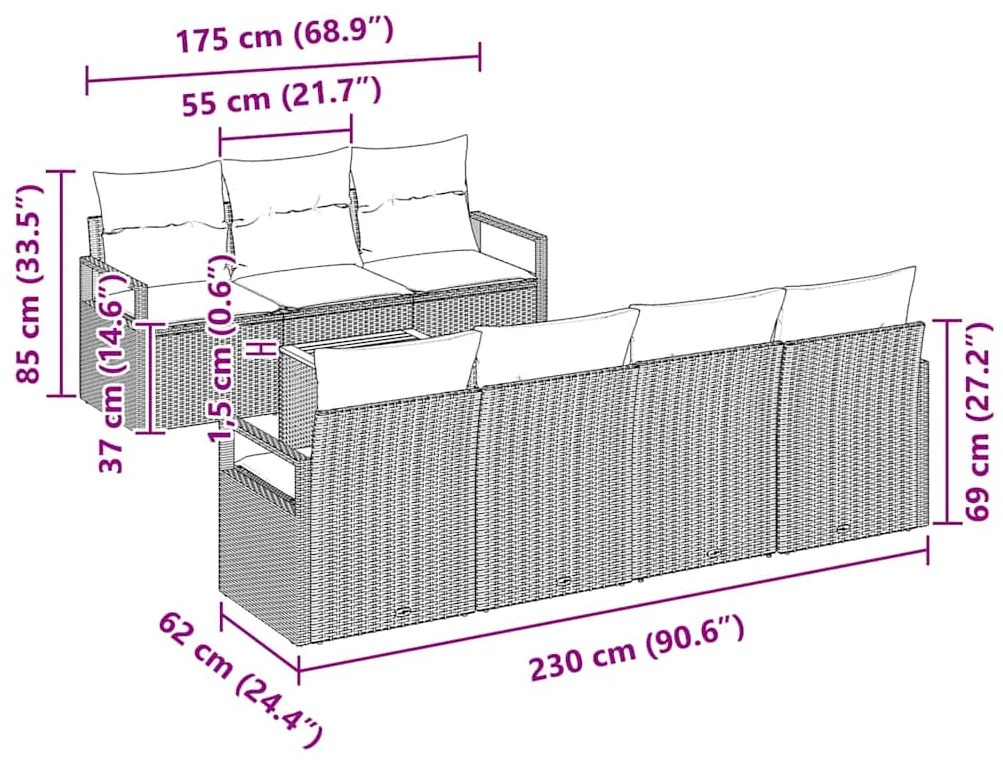 Conjunto de Sofá de Jardim com 8 Peças e Almofadas Cinzas em Rattan Si