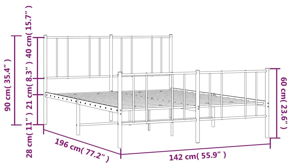 Estrutura de cama com cabeceira e pés 135x190 cm metal branco