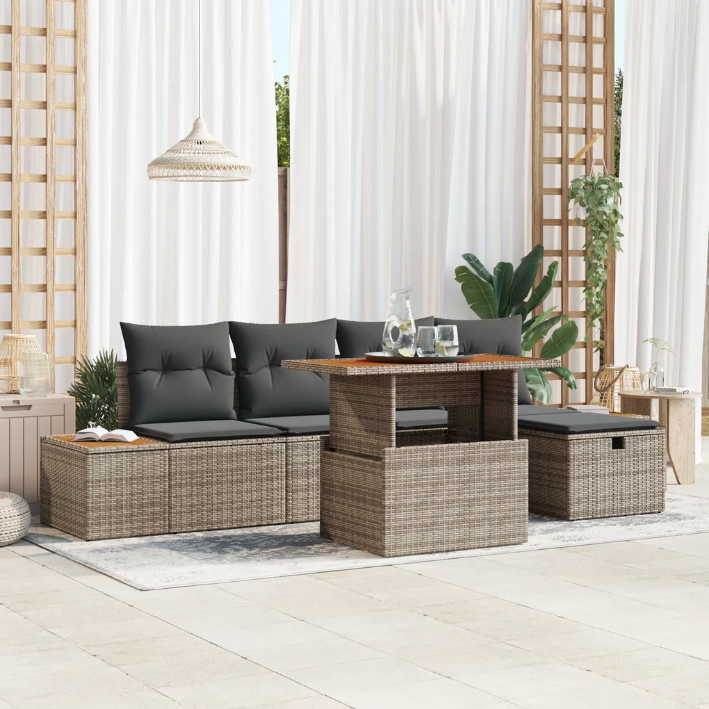 Conjunto de Sofá de Jardim de 6 Peças com Almofadas Cinzento Rattan Si