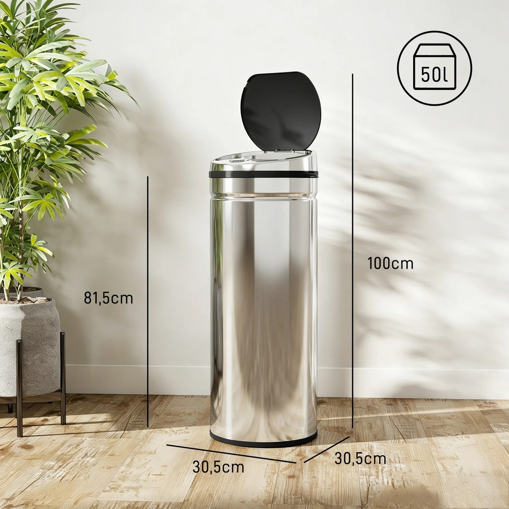 Caixote do lixo com sensor de movimento e abertura automática, 50 L, em aço inoxidável 30,5 x 30,5 x 81,5 cm preto e prateado