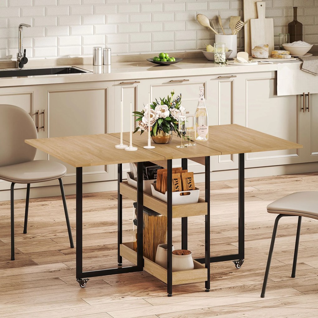 Mesa de jantar dobrável com rodas para 4 pessoas 133,4 x 80  x 75 cm (Desdobrada), com compartimentos abertos, ideal para espaços reduzidos cor carval