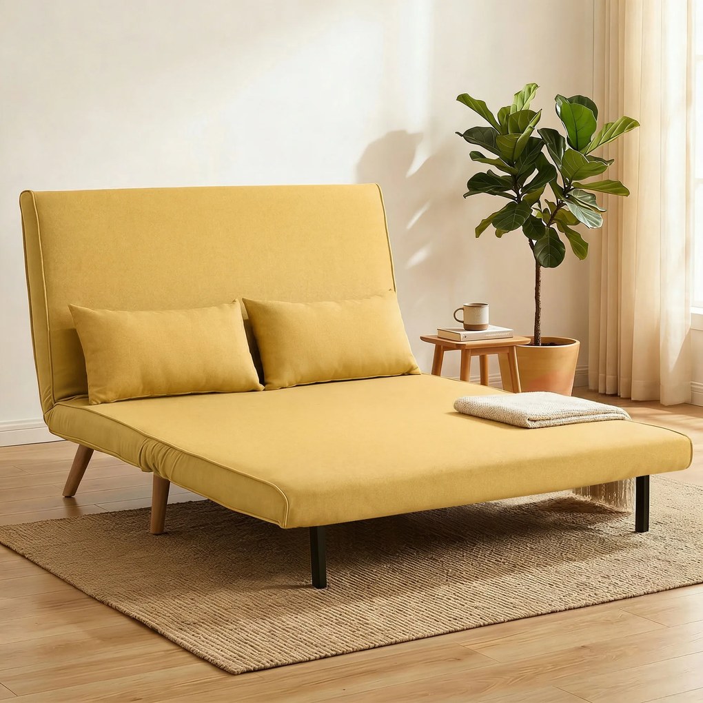 Sofá-Cama de 2 Lugares Dobrável Estofado em Linho com Encosto Ajustável em 5 Posições e 2 Almofadas Amarelo