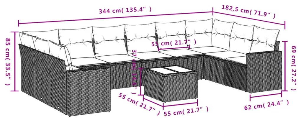 11 pcs conjunto sofás de jardim c/ almofadões vime PE castanho