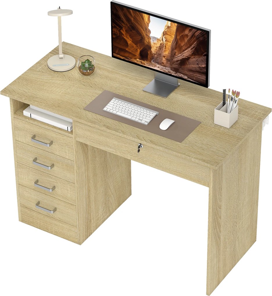 Secretária moderna com 5 gavetas 110 x 50 x 76 cm, tampo amplo, 1 compartimento aberto, gaveta com fechadura, cor carvalho