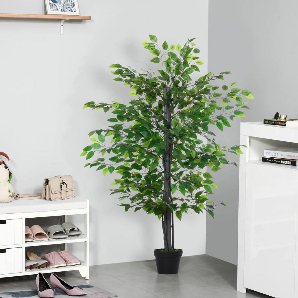 Árvore artificial, planta artificial, ficus, altura 1,45 m, tronco, ramos, liana, líquen, folhas, muito realista, vaso incluído