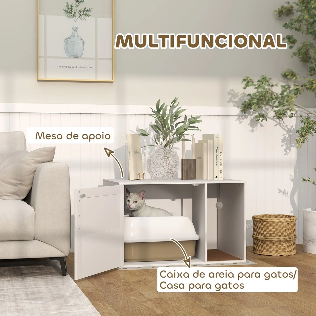 Móvel Caixa de Areia para Gatos Caixa de Areia para Gatos com Tapete de Arranhar e Porta de Vime 80x50x50 cm Branco