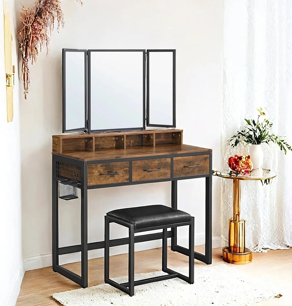 Conjunto toucador com banco estofado com espelho triplo, 3 gavetas 90 x 40 x 141 cm castanho vintage-preto