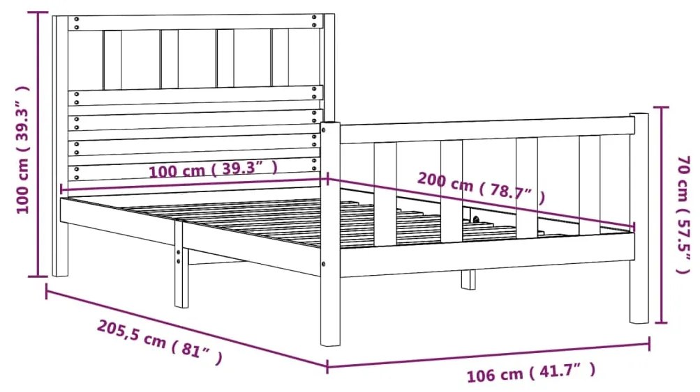 Estrutura de cama 100x200 cm madeira maciça preto