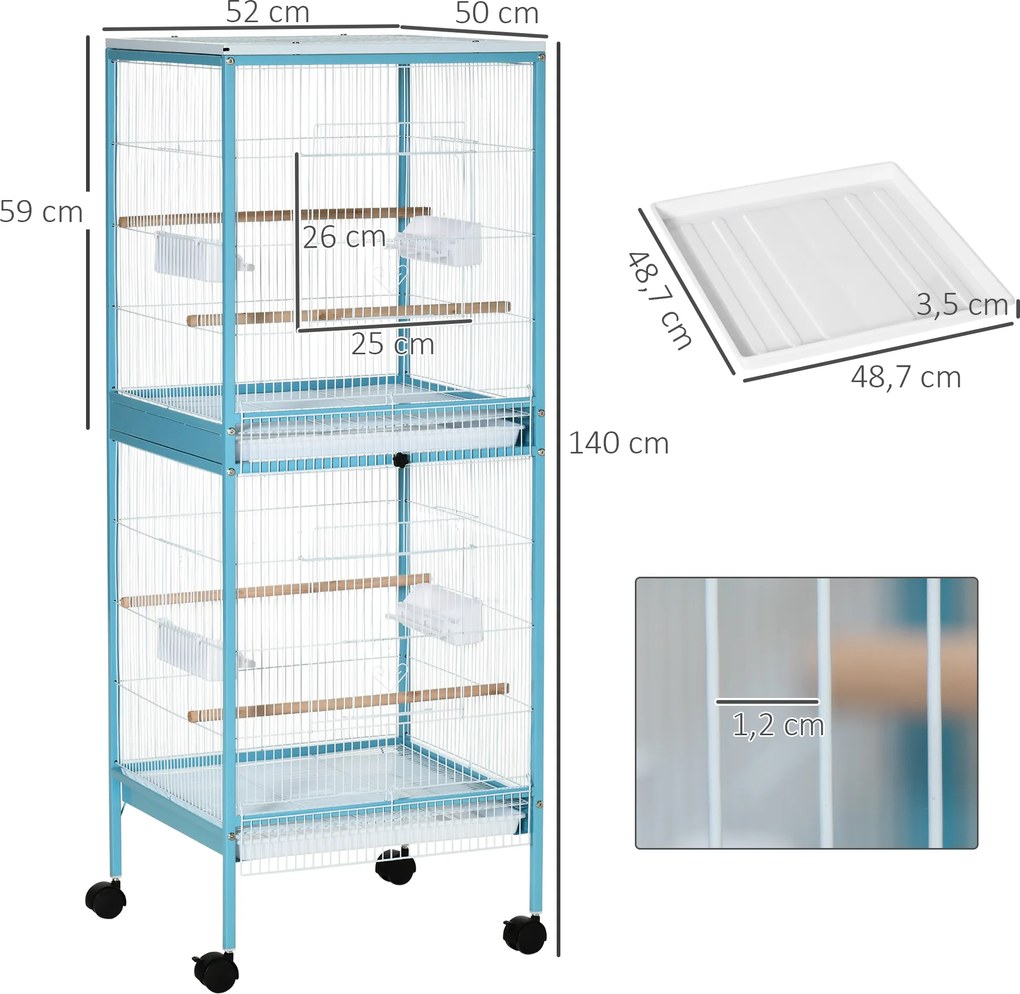 Gaiola para Pássaros com Rodas de 2 Níveis com Bandejas Removíveis Portas Comedouros Poleiros 51,5x50x140 cm Azul
