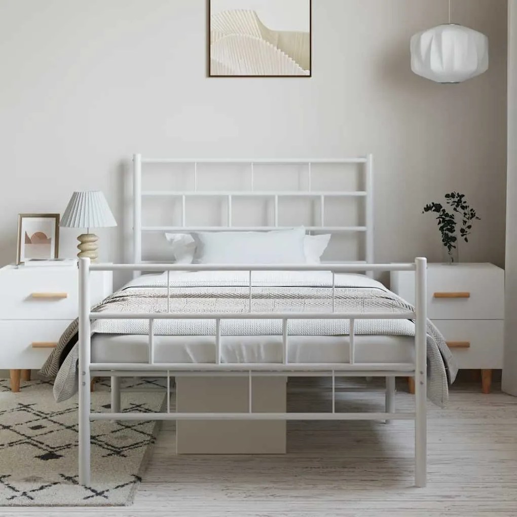 Estrutura de cama com cabeceira e pés 100x190 cm metal branco