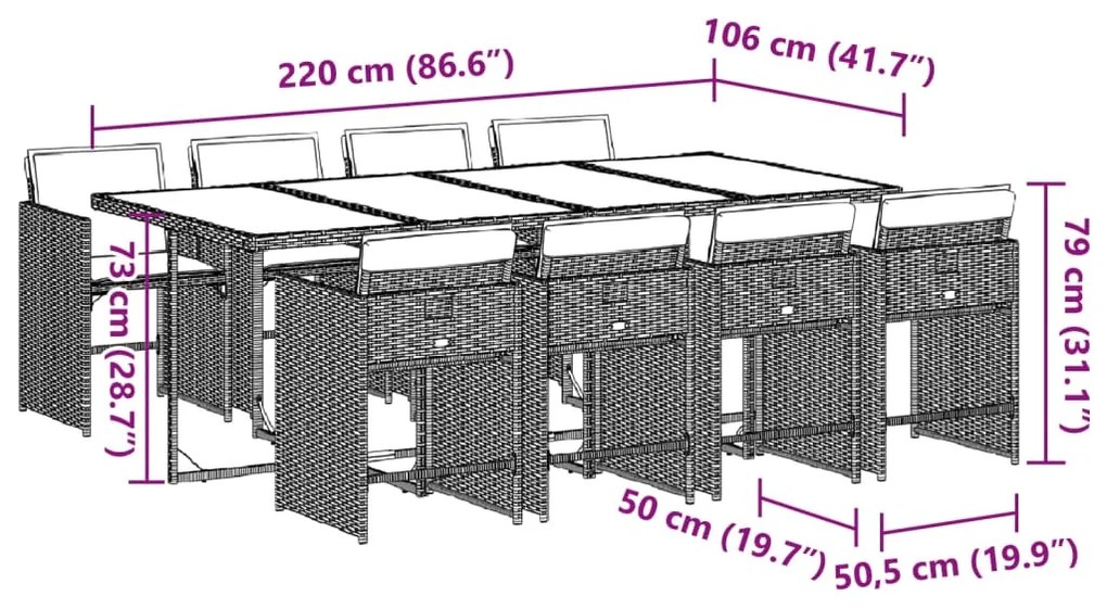 9 pcs conjunto de jantar p/ jardim com almofadões vime PE bege