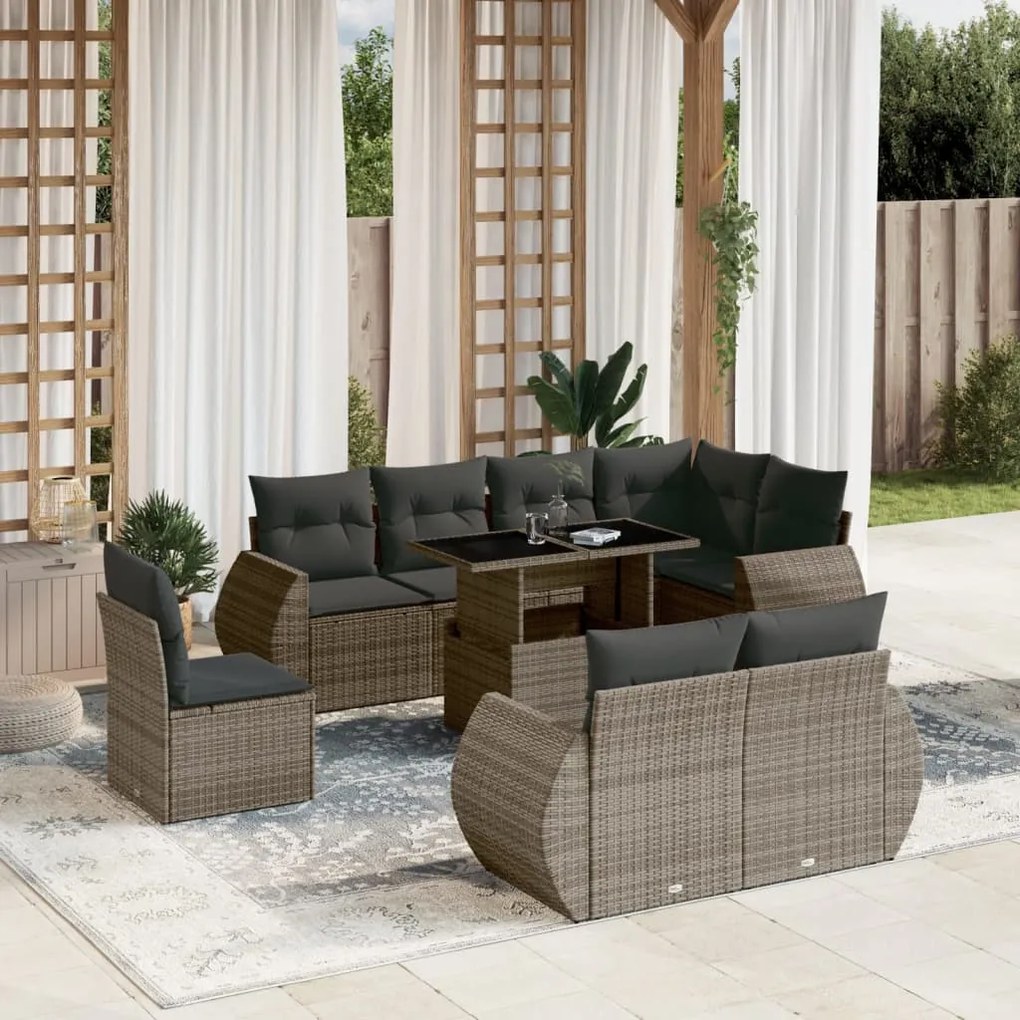 9 pcs conjunto sofás p/ jardim com almofadões vime PE cinzento