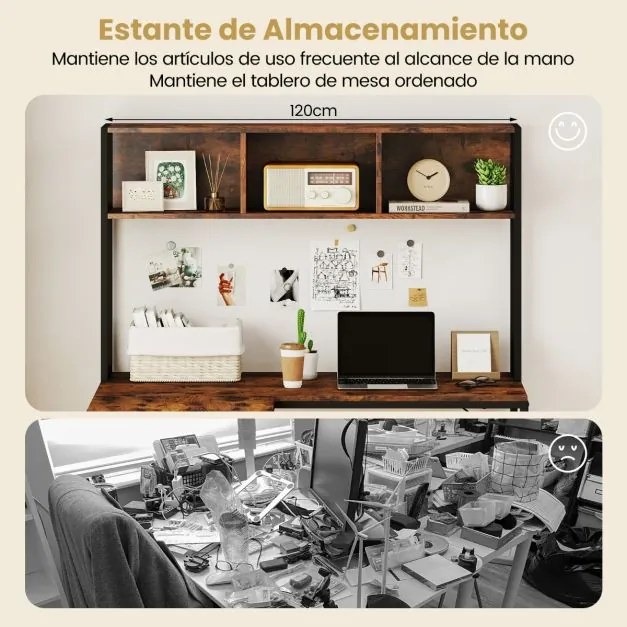 Secretária em forma de L  150 x 120 x 148 cm com compartimento de canto para computador com prateleiras e gancho para auscultadores com estante castan