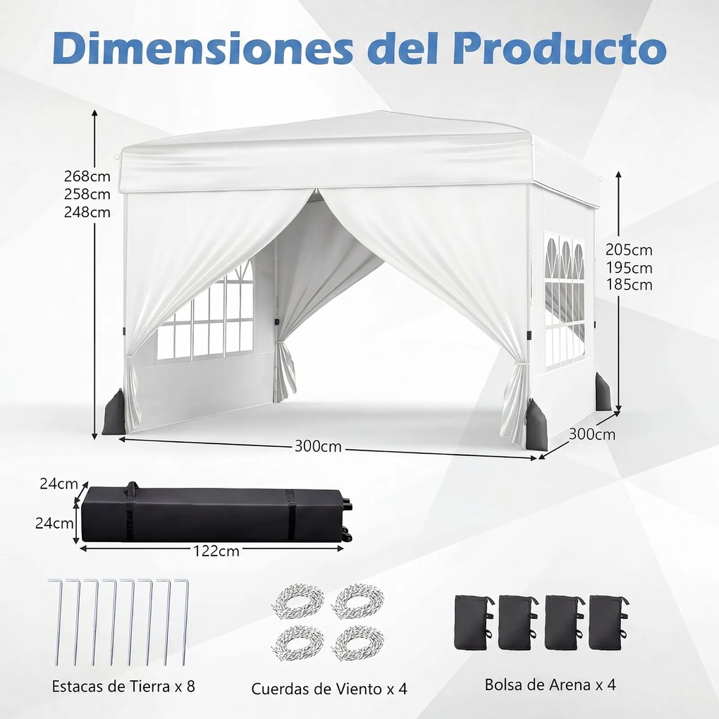 Tenda Dobrável de Exterior feiras, eventos, festas, 300 x 300 x 250-268 cm, 4 Paredes Removíveis e 4 sacos areia, Branco