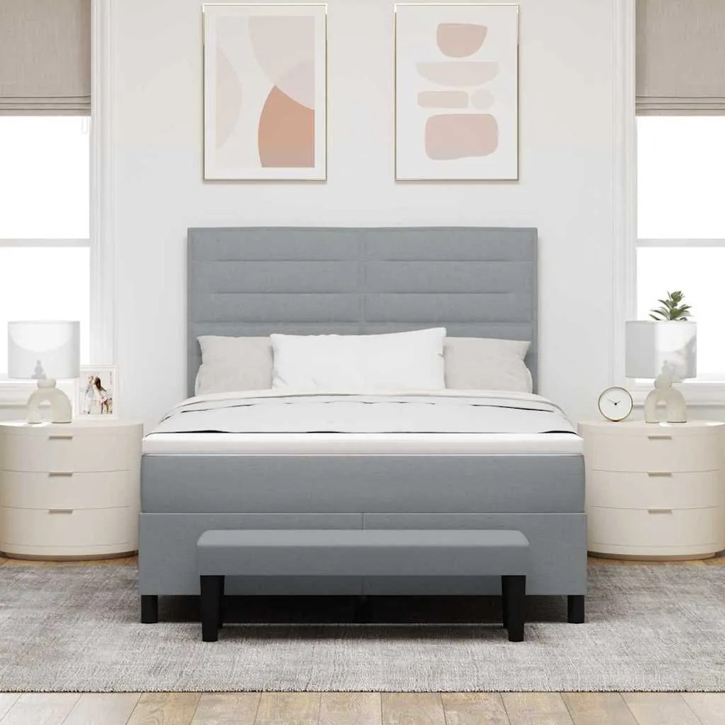 Cama Box Spring com Colchão e Banco Cinza Claro 140x200 cm Tecido
