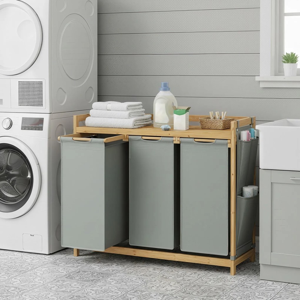 Cesto da roupa suja com 3 compartimentos, bambu, 150 L, 93,8 x 33,8 x 78 cm cinzento