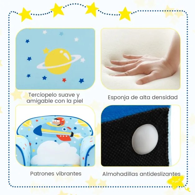 Poltrona infantil estofada, sofá infantil com moldura de madeira, superfície de veludo, enchimento de espuma para quarto 50 x 40 x 54 cm azul