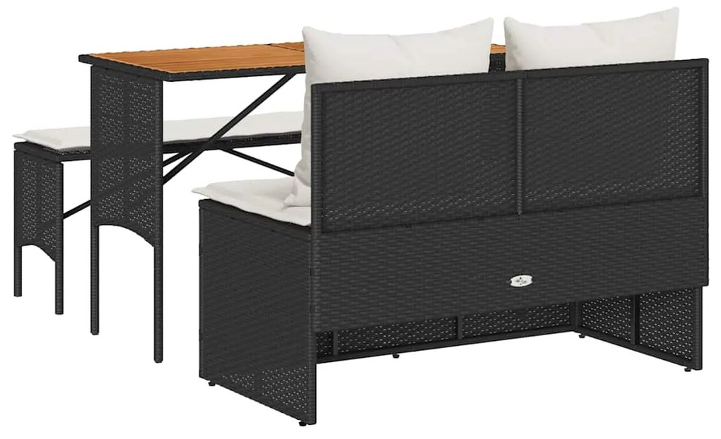3 pcs conjunto de jantar p/ jardim c/ almofadões vime PE preto