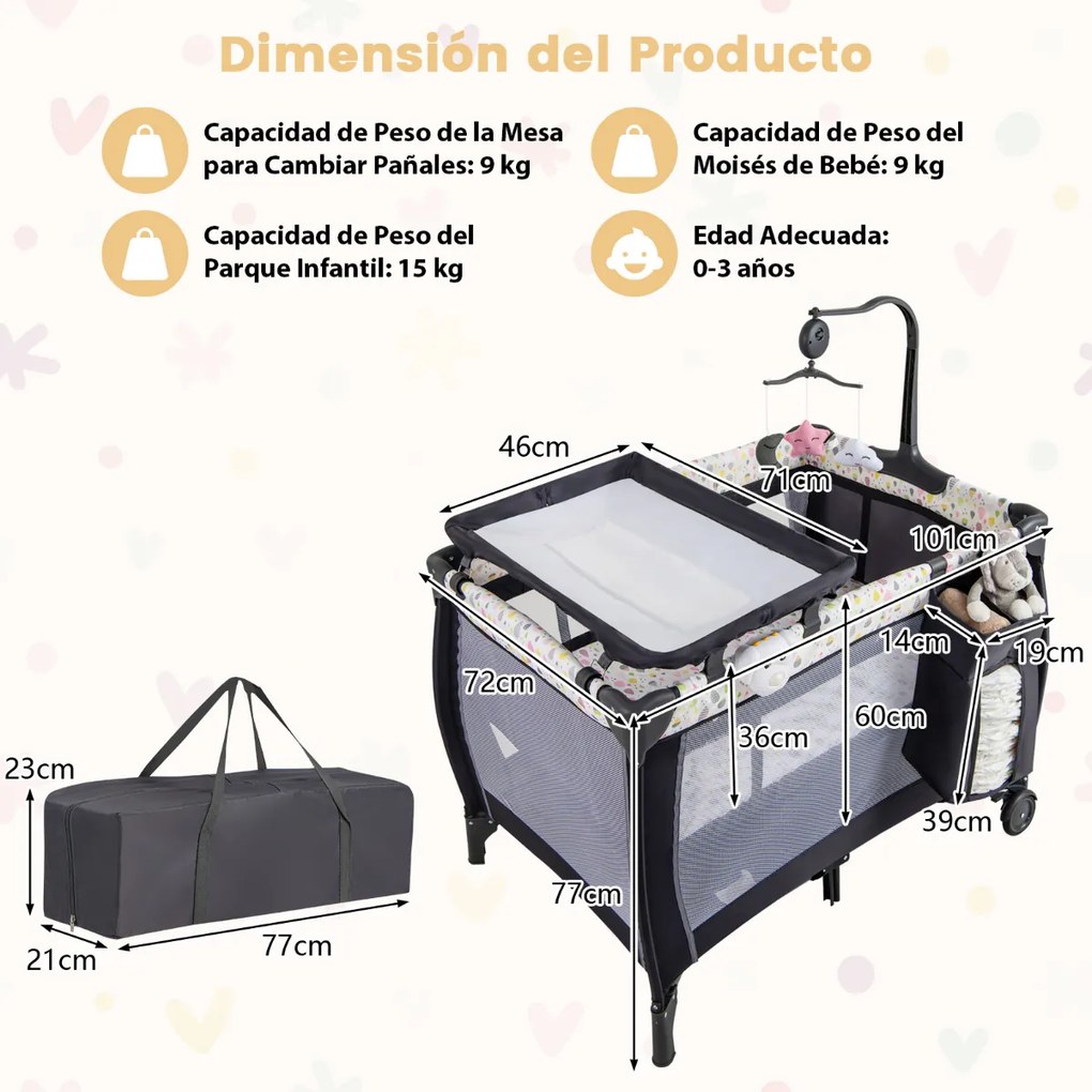 Berço de viagem dobrável 3 em 1 para bebés Cesto de brincar com tapete muda-fraldas Alcofa amovível 125 x 65 x 76 cm Multicolor