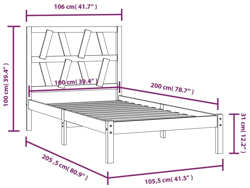 Estrutura de cama 100x200 cm pinho maciço