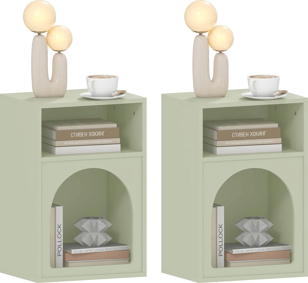 Conjunto de 2 mesas de cabeceira 40 x 30 x 60 cm, com compartimentos abertos, design arqueado, verde claro