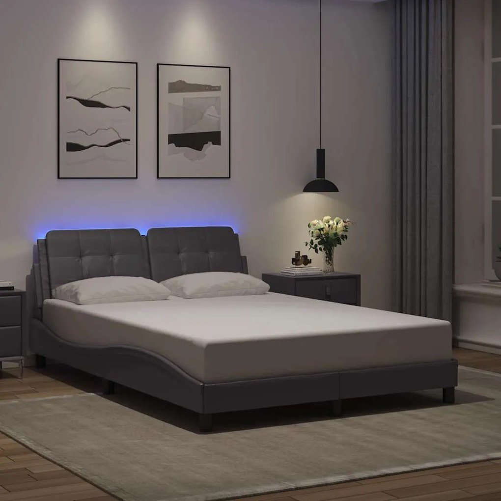 vidaXL Estrutura de cama c/ luzes LED 140x200cm couro artificial cinza