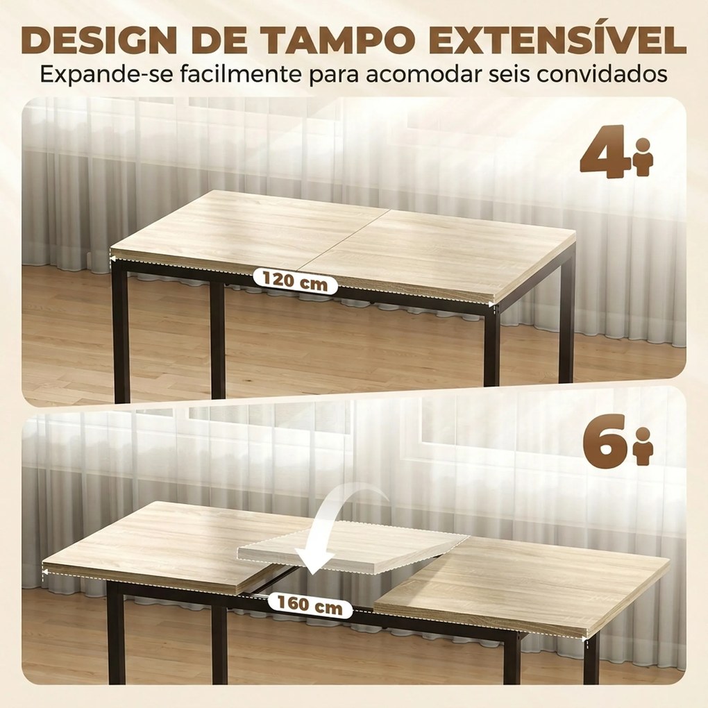 Conjunto de Mesa de Jantar Extensível 120-160 cm e 6 Cadeiras Empilháveis para 4-6 Pessoas Efeito Carvalho