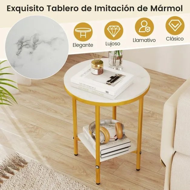 Mesa de apoio redonda de 2 niveis 40,5 cm com prateleira de arrumação Estrutura metálica dourada e branca