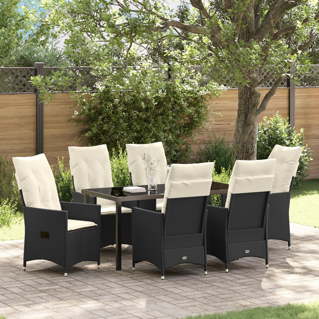 vidaXL Conjunto de Jantar de Jardim 7 Peças com Almofadas Preto Rattan Poliéster