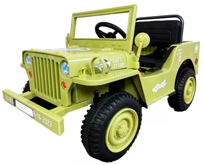 Jipe Willys 12V 1 Lugar 4x4 elétrico para crianças Todo terreno, rodas de borracha, assento Couro sintético cáqui militar