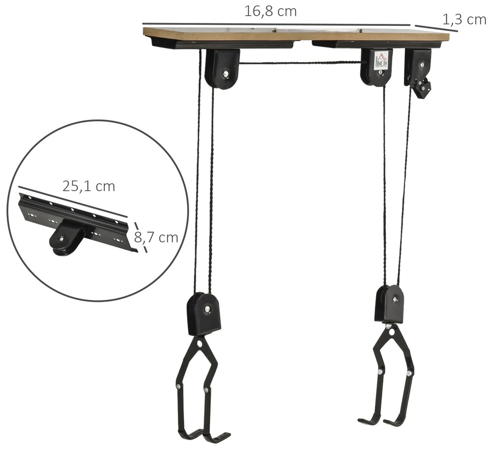 HOMCOM Suporte de bicicletas de teto Roldanas Cordas Altura Ajustável25,1x 8,7x 1,5 cm carga 20kg