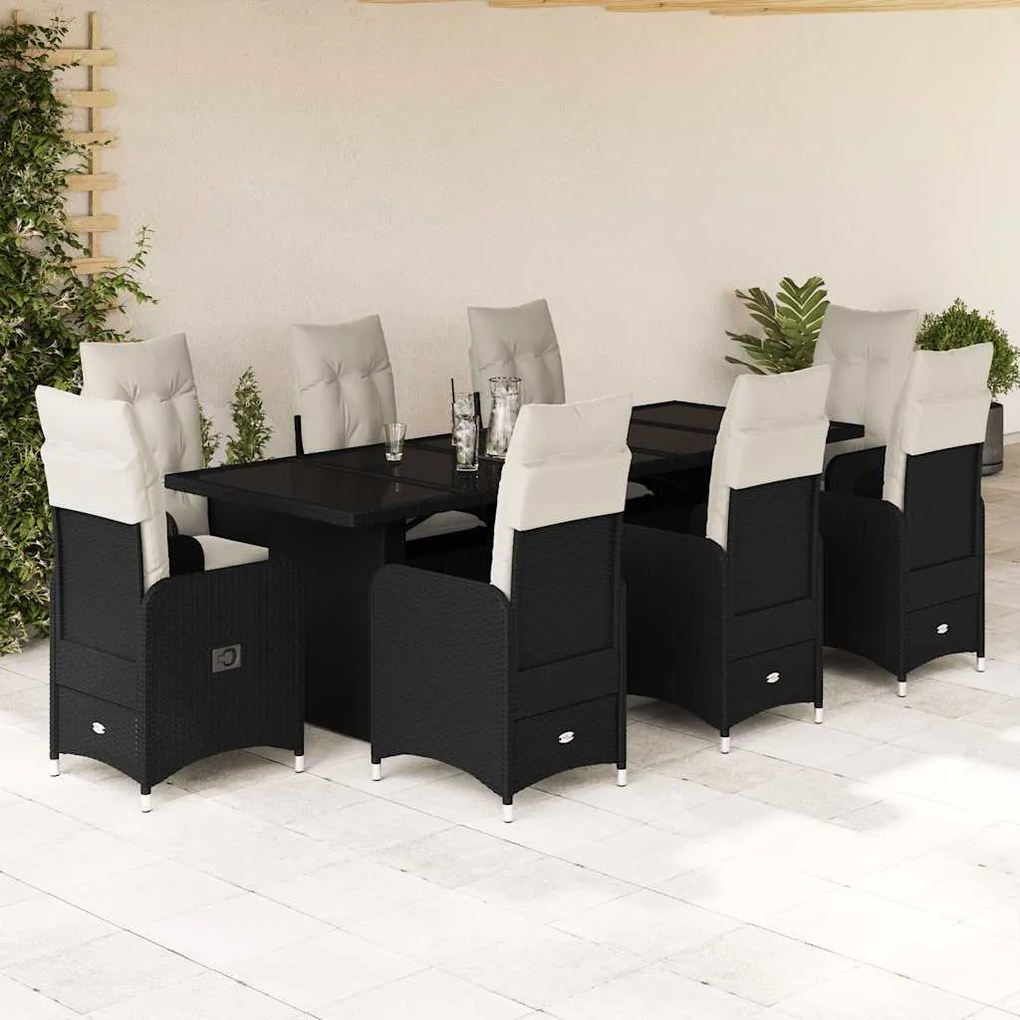 vidaXL 9 pcs conjunto de bistrô p/ jardim c/ almofadões vime PE preto