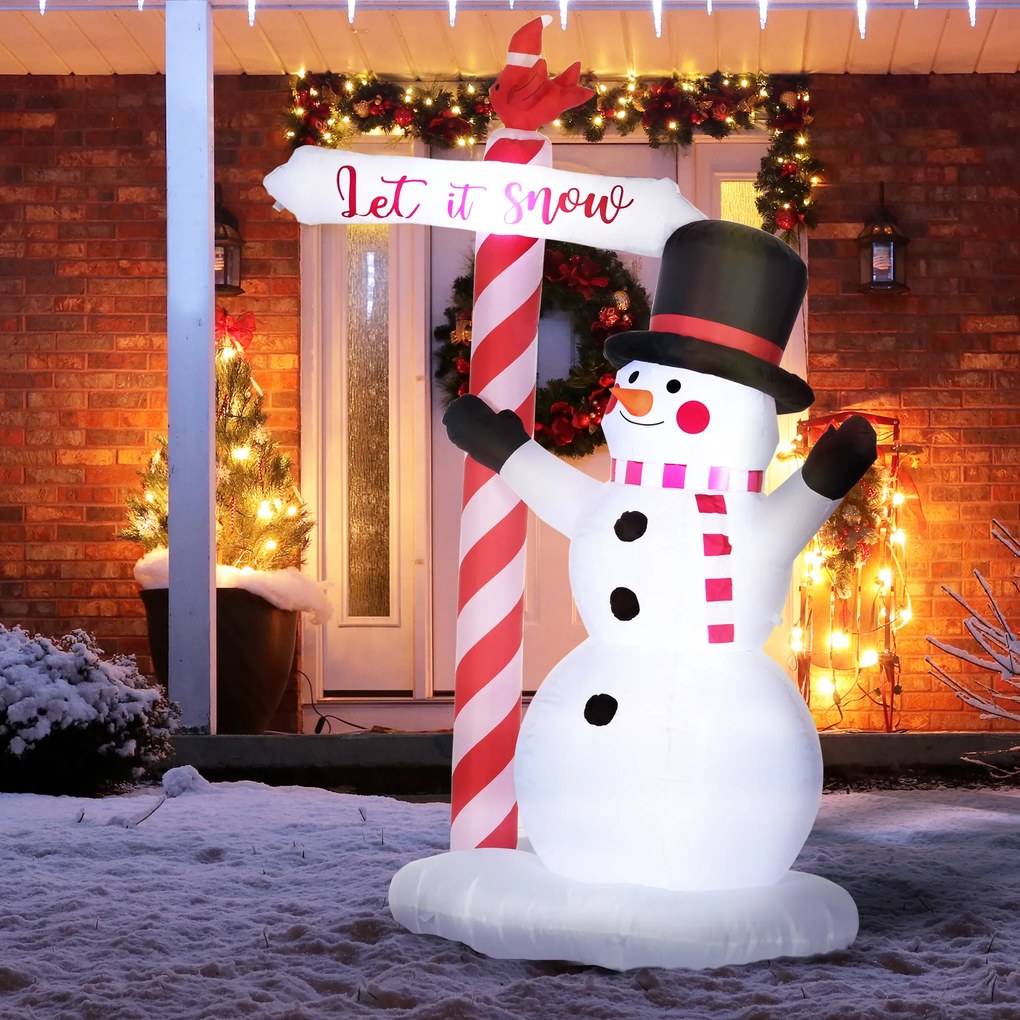 Boneco de neve insuflável altura 213 cm com cartaz de 3 LEDs, em poliéster impermeável, branco