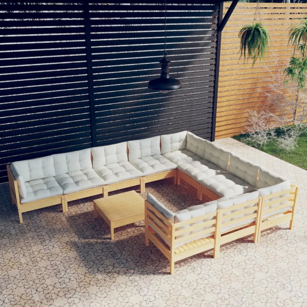 vidaXL 11 pcs conjunto lounge de jardim c/ almofadões cor creme pinho