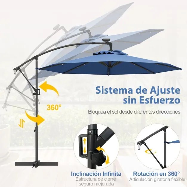 Guarda-sol exterior de 3 m com rotação de 360° e 32 com luzes LED Ajuste fácil da inclinação Manivela Azul