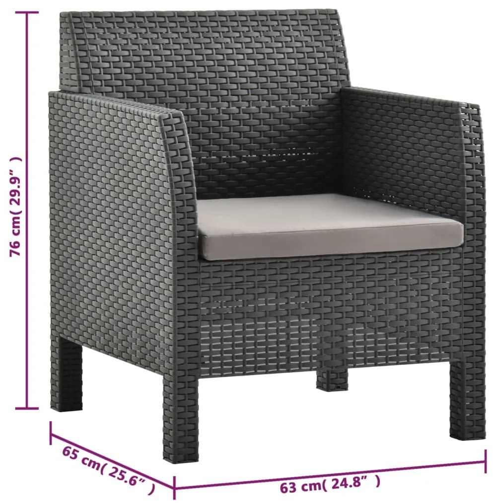 3 pcs conjunto lounge jardim com almofadões vime PP antracite