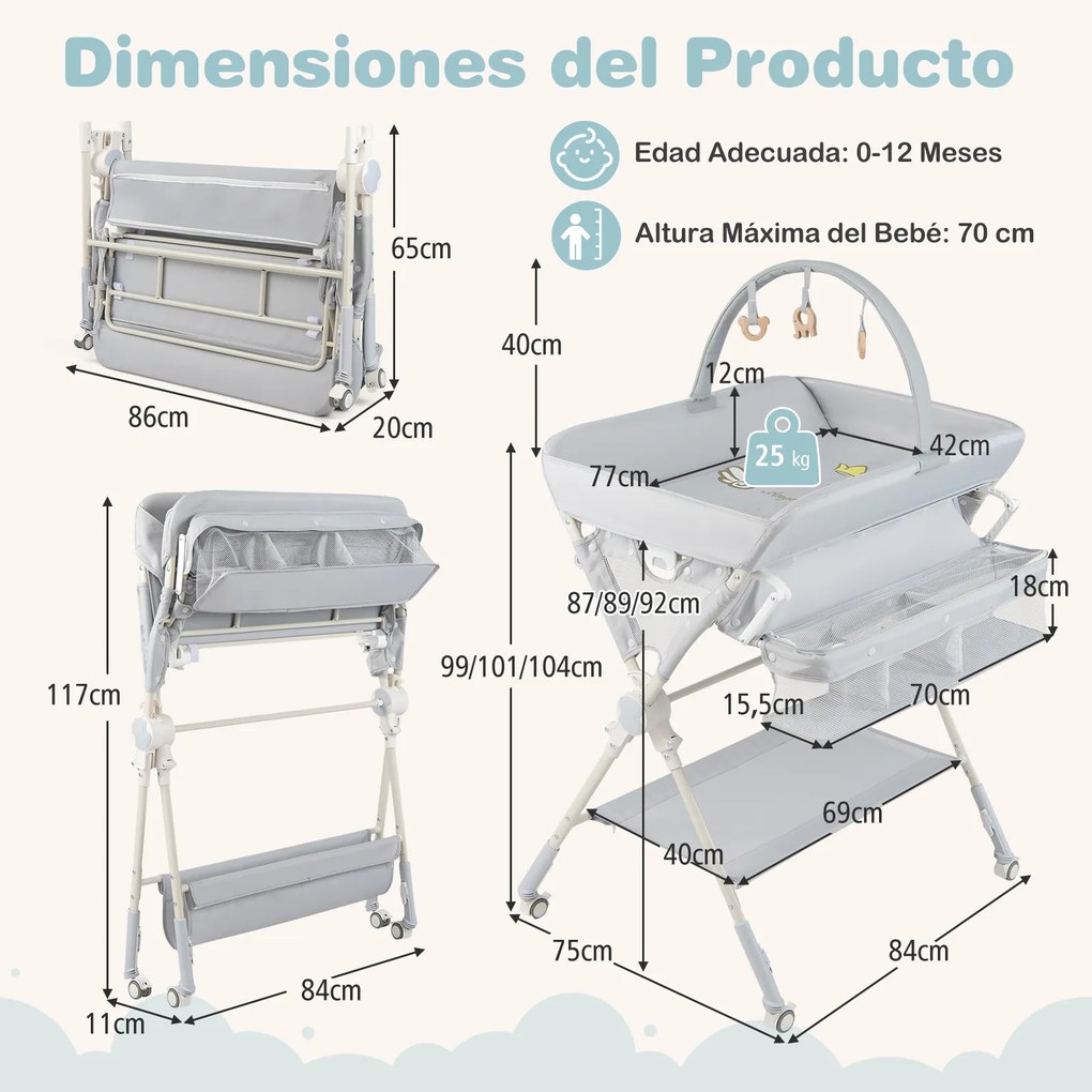 Mudador fraldas dobrável com banheira, 3 alturas ajustáveis, rodas com travão, brinquedos e espaço de arrumação, portátil para recém-nascidos, cinzent